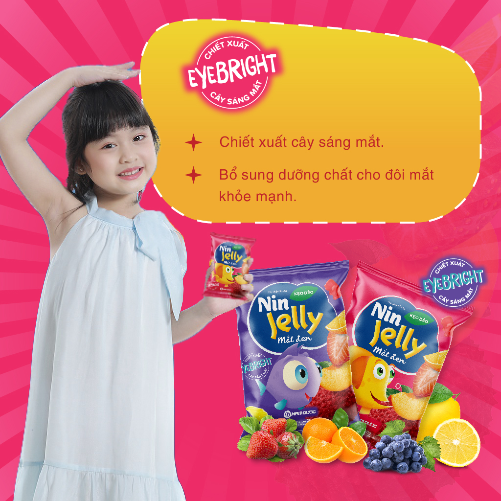 Kẹo dẻo Nin Jelly Mắt Đen cho bé (dây 10 góix20g) hương trái cây,vị ngọt thanh nhẹ,  bổ mắt cho trẻ em giúp đôi mắt sáng