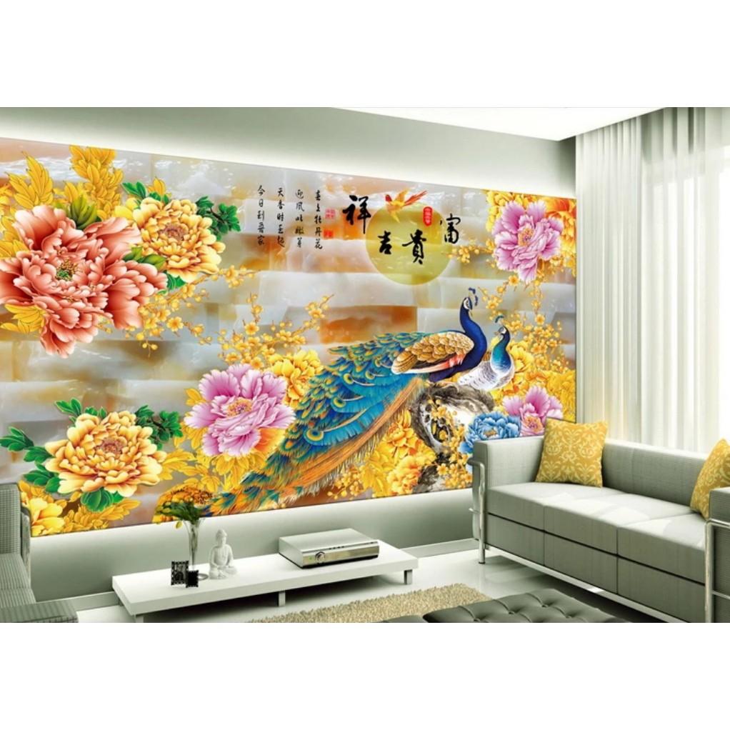 Tranh dán tường 3D chim công - VẢI LỤA phủ kim sa
