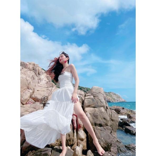 HOANGYEN - AMIE đầm trắng cúp ngực nhún hong chân váy nối tầng phù hợp đi biển, chụp ảnh, dạo phố, tiệc hồ bơi