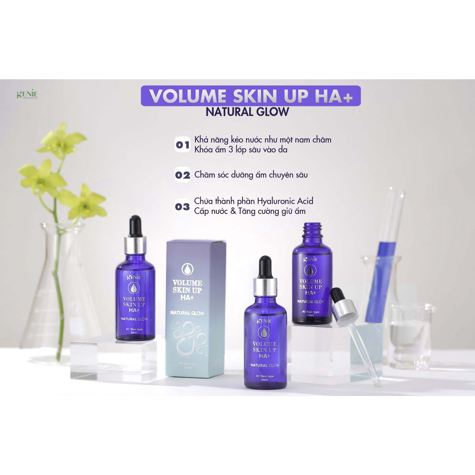 Serum Cấp Ẩm Căng Bóng Da, Giảm Tình Trạng Da Bóng Dầu Nhờn, Tăng Sự Đàn Hồi Cho Da  Volume Skin Up HA+ Genie 100ml, 30ml, 10ml