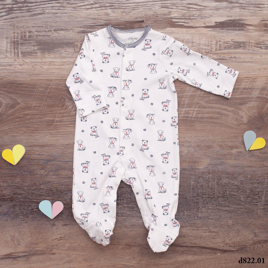 Body liền bàn cotton màu trắng cổ viền kẻ họa tiết chó cún cho bé