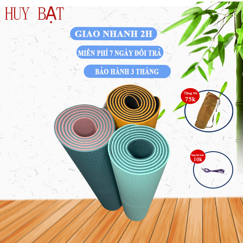 Thảm Tập Yoga, Tập Gym 8mm 2 Lớp Không Mùi + Túi Đựng Thảm + Dây Buộc Thảm Chính Hãng HUY BẠT - Giao Ngẫu Nhiên.