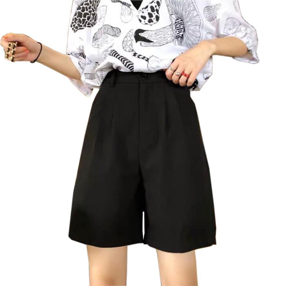 Quần short ống rộng CRQ023 nam - nữ cạp cao lưng thun màu đen