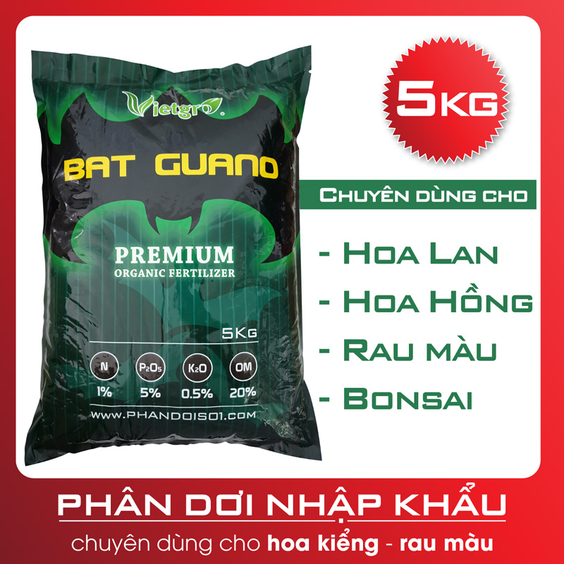 Phân bón hữu cơ chuyên dùng cho hoa lan, hoa hồng, bonsai, rau màu Vietgro - Phân Dơi Bat Guano - Túi 5kg