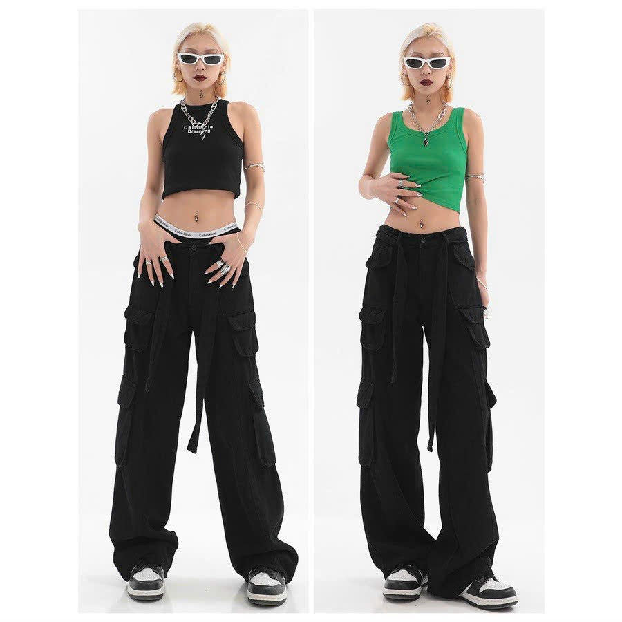 Quần kaki túi hộp Hiphop ống rộng suông dài trơn phối dây thời trang cho nữ/nam kèm hình thật