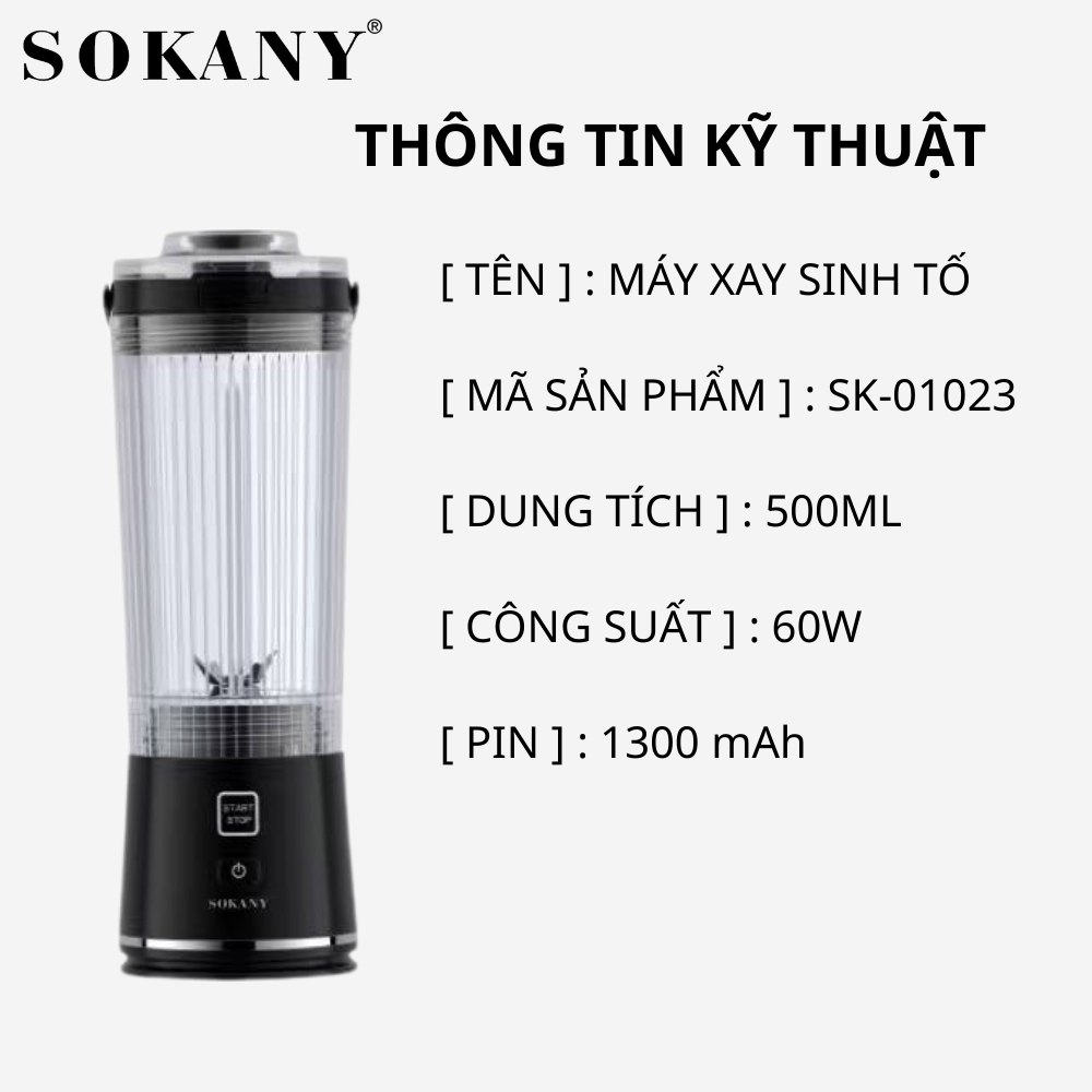 XAY ĐƯỢC ĐÁ - Máy xay sinh tố cầm tay SẠC PIN KHÔNG DÂY SOKANY SK-01023, pin sạc 1300mAh, 6 lưỡi dao sắc bén không gỉ - HÀNG CHÍNH HÃNG