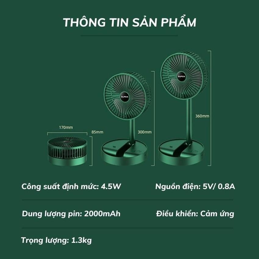 Quạt Tích Điện Super mini, Quạt Tích Điện Để Bàn Gấp Gọn 3 cấp độ, Sử Dụng Liên Tục 4 Tiếng