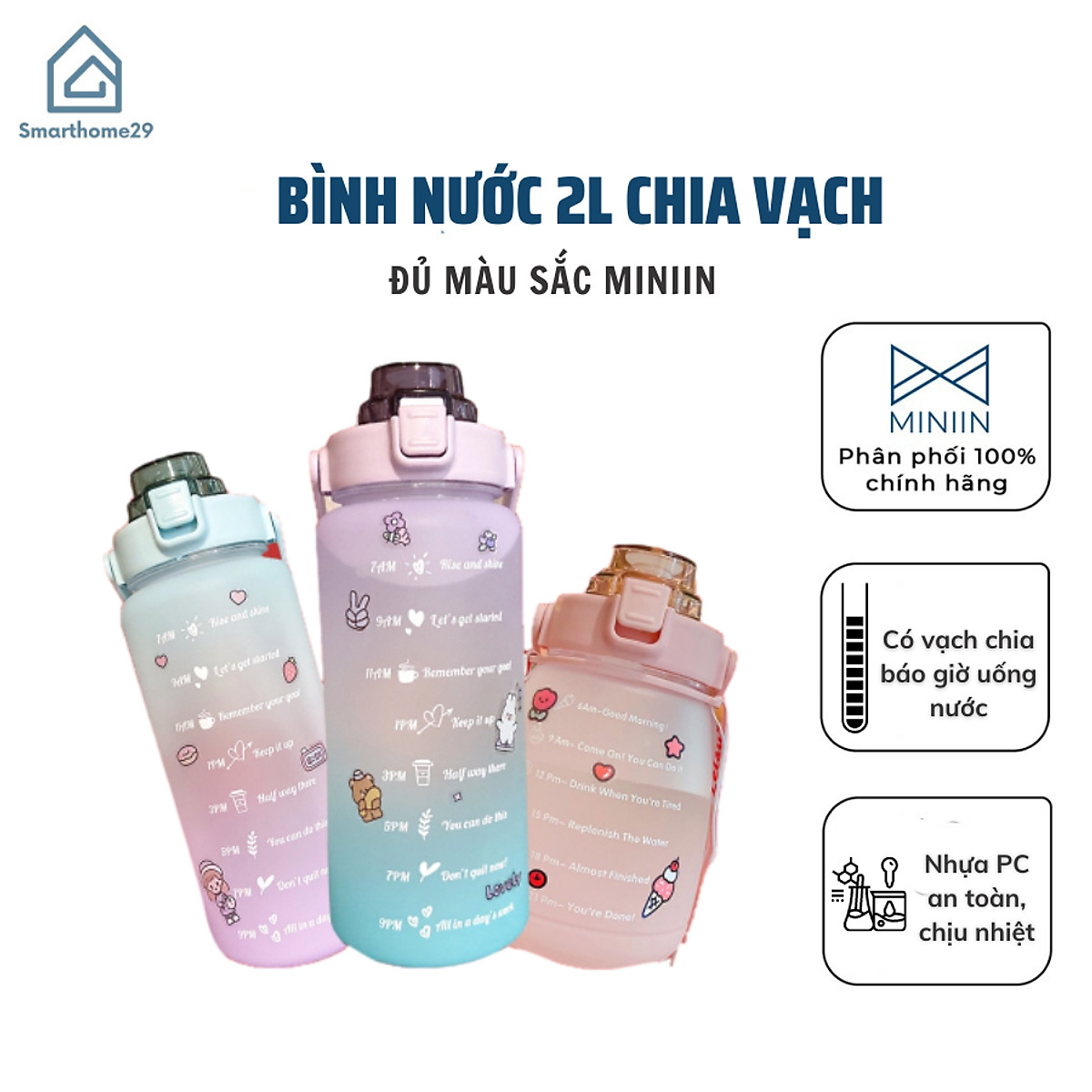 Bình Đựng Nước 2L Dễ Thương Có Vạch Báo Giờ Uống Nước