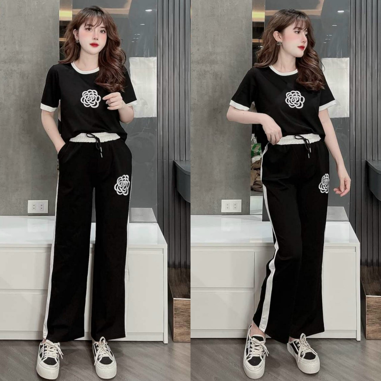 Đồ bộ thun form rộng quần ống suông thêu hoa cao cấp
