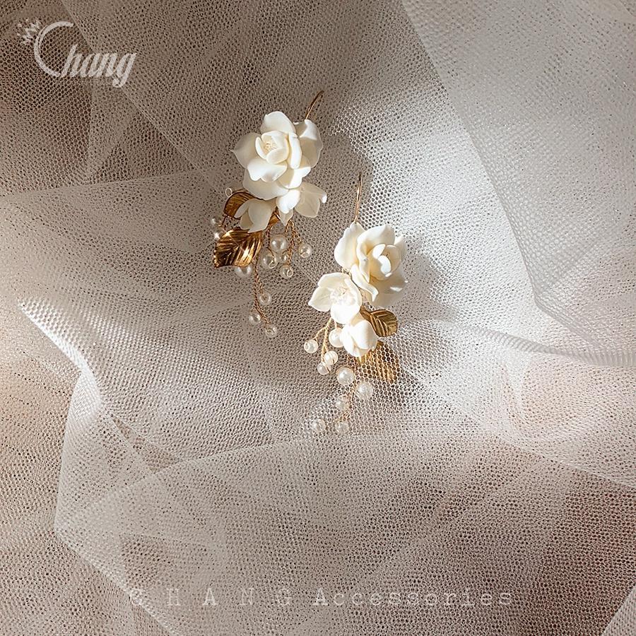 Hoa Tai Thiết Kế Handmade Hoa Hồng Cao Cấp Phong Cách Hàn Quốc