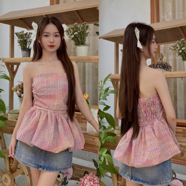 Áo ống cúp ngực bí xoè caro hồng, áo cúp ngực 2 lớp