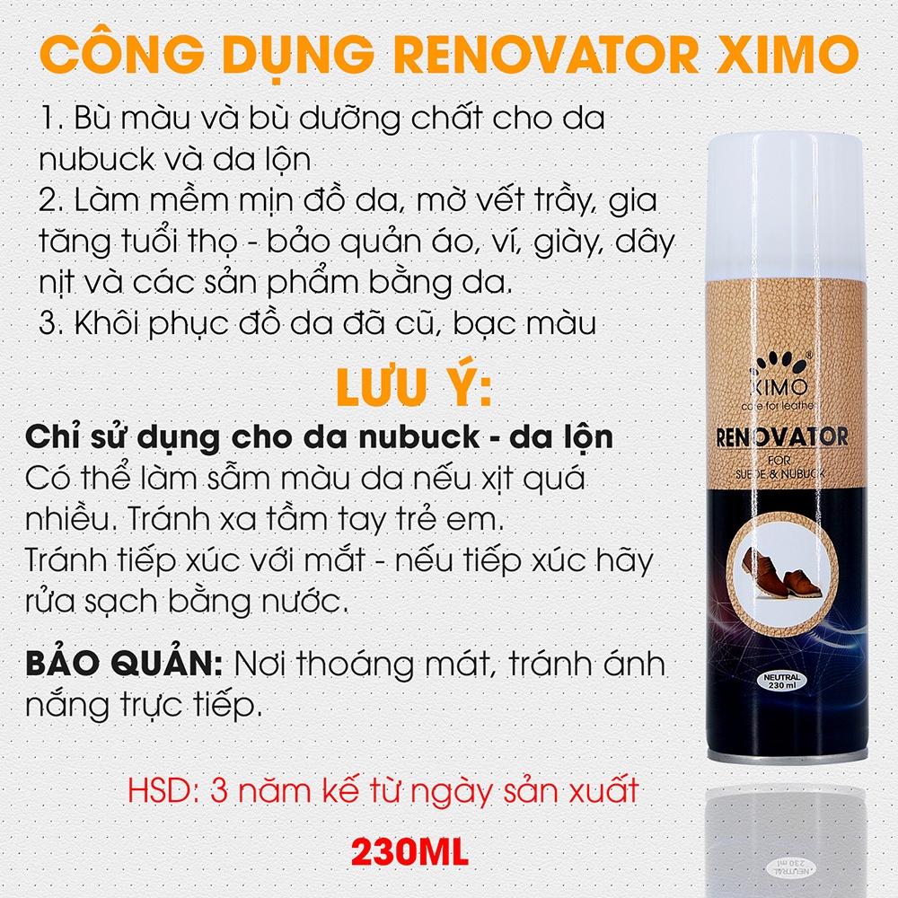 Chai xịt dưỡng giày phục hồi màu nubuck và da lộn Renovator Ximo 230ml