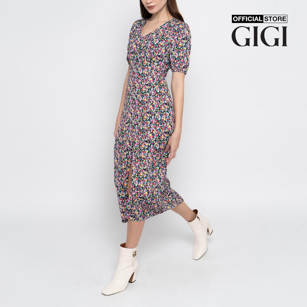 GIGI - Đầm midi cổ V tay ngắn Button Front G2102D221143