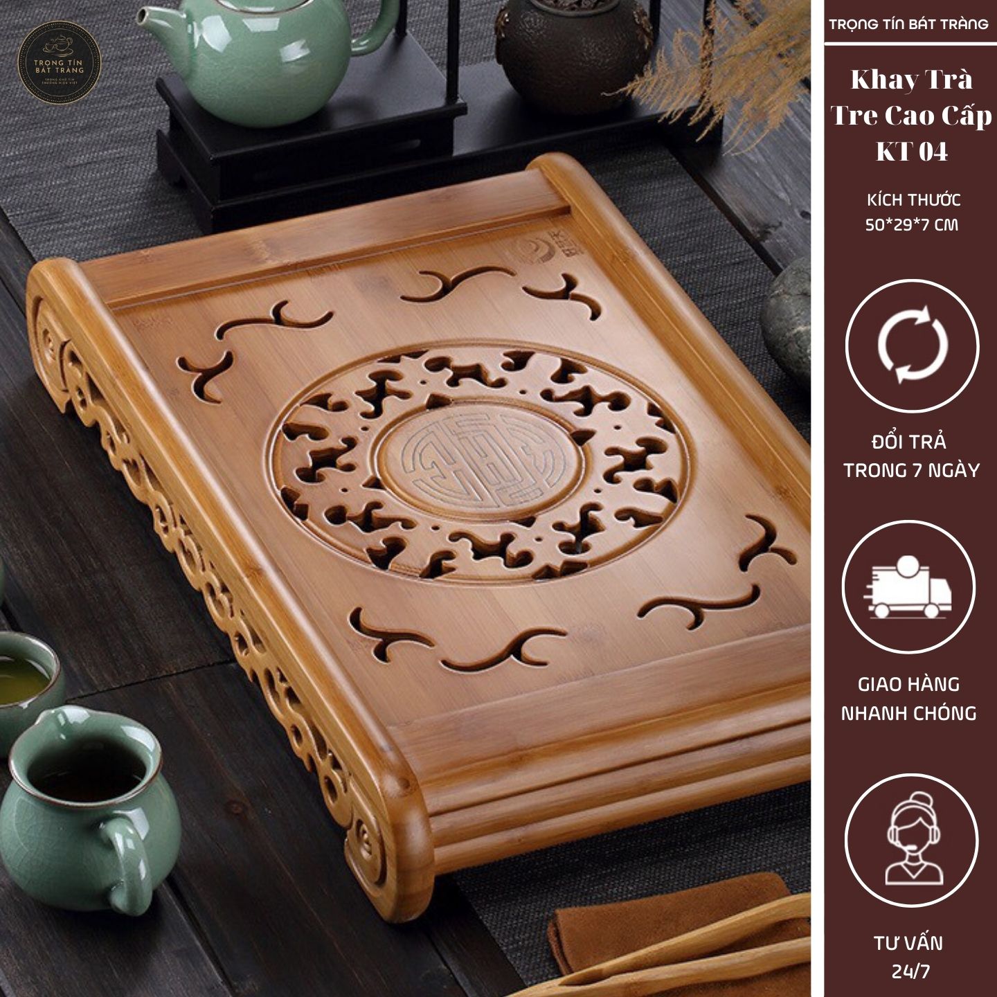 KT 04 Khay Trà Tre Cao Cấp Khổng Minh Chữ Nhật Kích Thước 50*29*7