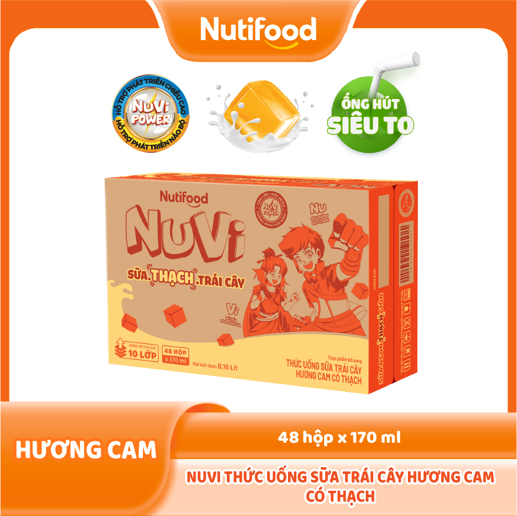 Thùng 48 hộp Sữa Chua Uống Có Thạch Nuvi Vị Cam 170ml - Tăng Chiều Cao, Mắt Sáng