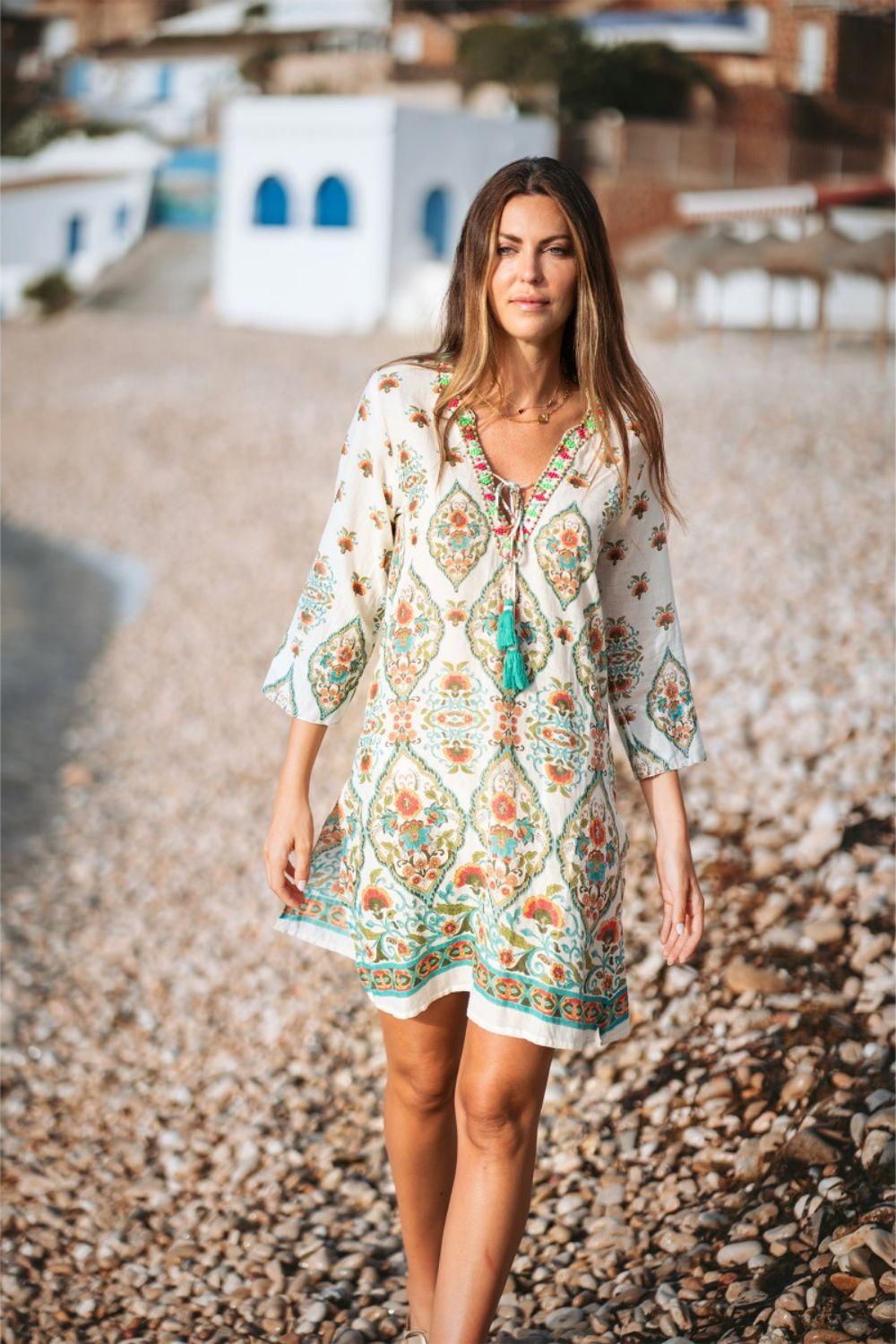 Đầm Xẻ Tà Kết Cườm Cotton Isla Bonita