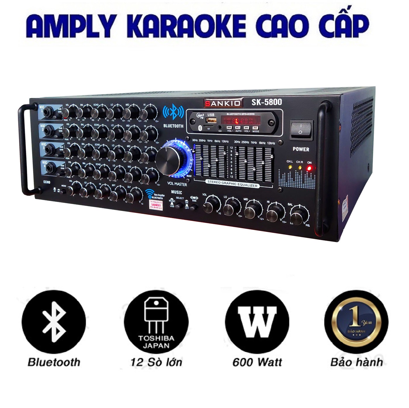 Ampli Bluetooth Sankio SK-5800 - Amply karaoke tích hợp lọc xì EQ, 12 sò lớn, 4 cổng Micro, có quạt gió - Hàng chính hãng cao cấp