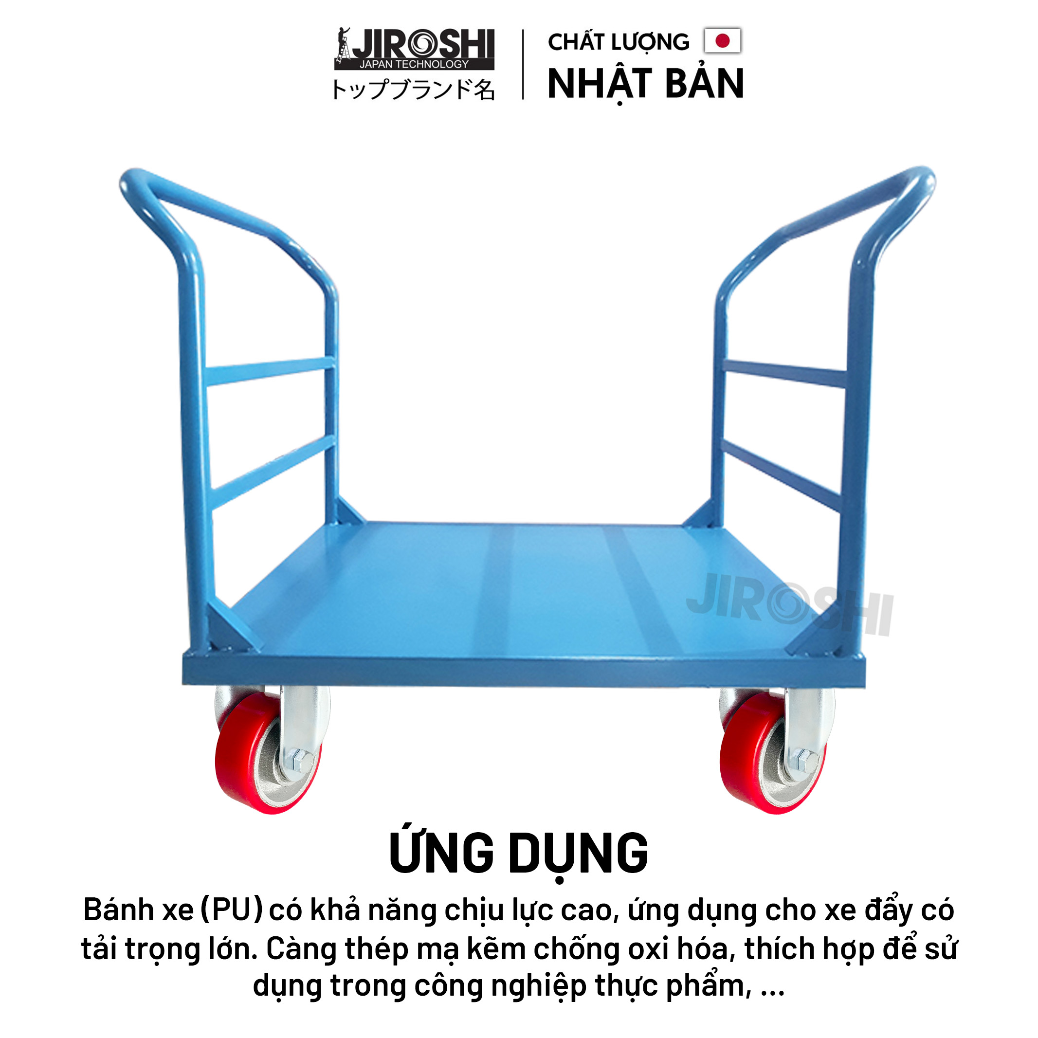 Bánh xe đẩy hàng tải trọng lớn chống ồn PU cốt Gang JIROSHI Nhật Bản, Bánh xe đẩy hàng êm chịu lực cao cấp.