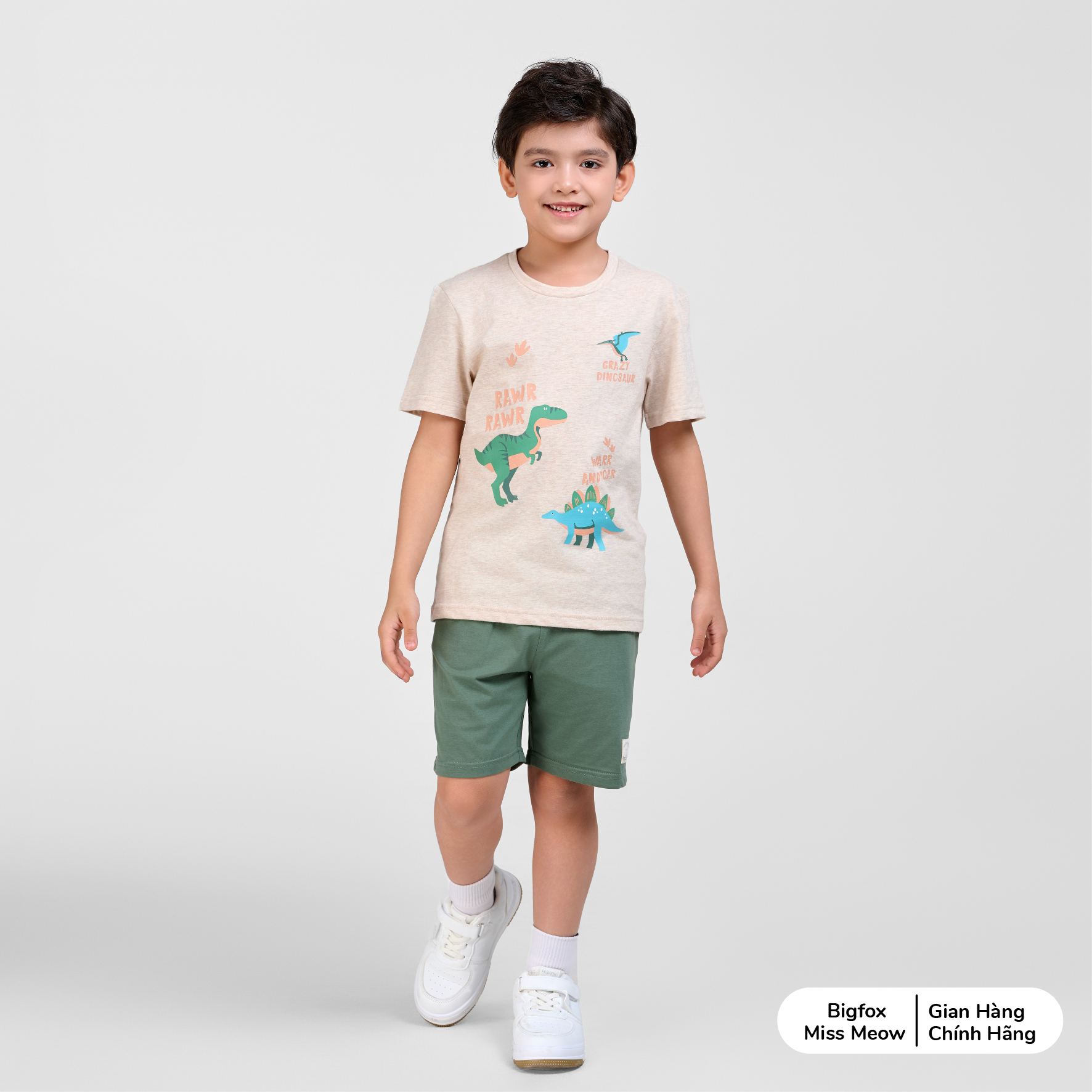 Bộ cộc tay bé trai mùa hè Bigfox Miss Meow vải cotton in khủng long size đại 3,9,11 tuổi 30kg 40kg