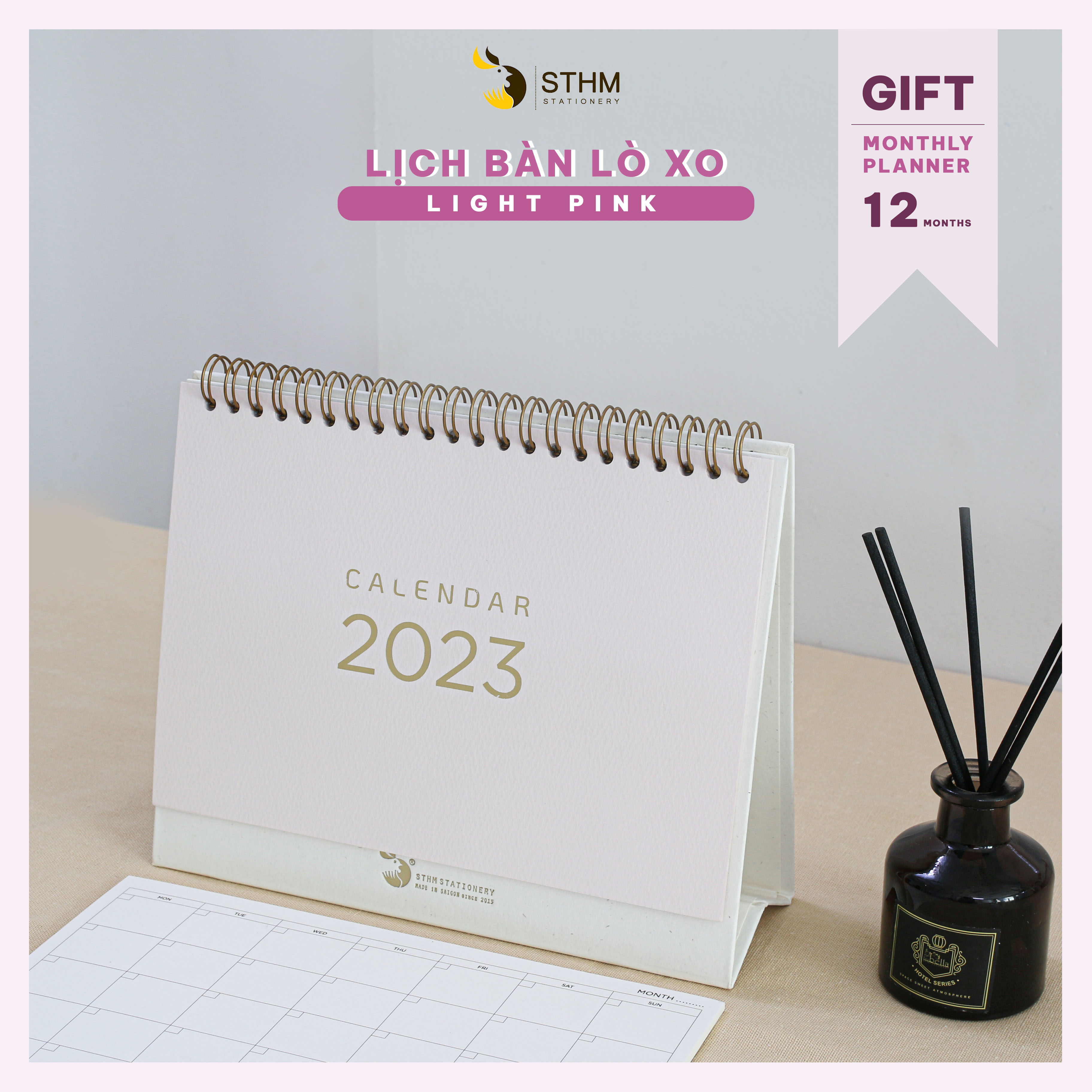 [STHM stationery] - Lịch bàn lò xo 2023 - Light pink - Giấy mỹ thuật cao cấp - Có lịch âm dương và checklist