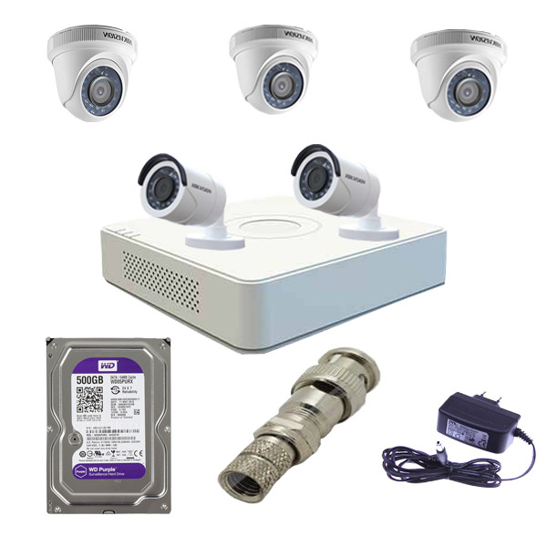 Trọn bộ 5 camera Hikvision chính hãng DS-2CE56D0T-IRP + DS-2CE16D0T-IRP và đầu ghi DS-7108HGHI-F1/N