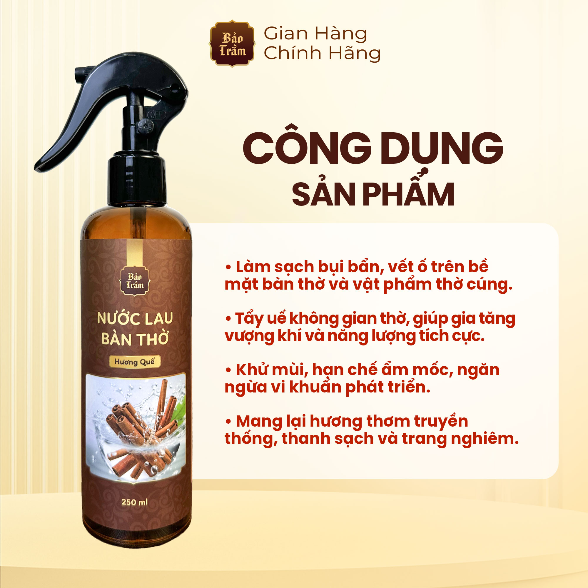 Nước lau bàn thờ hương quế nhãn nâu 250ml Bảo Trầm - Sạch gian thờ cho không gian thêm tôn nghiêm