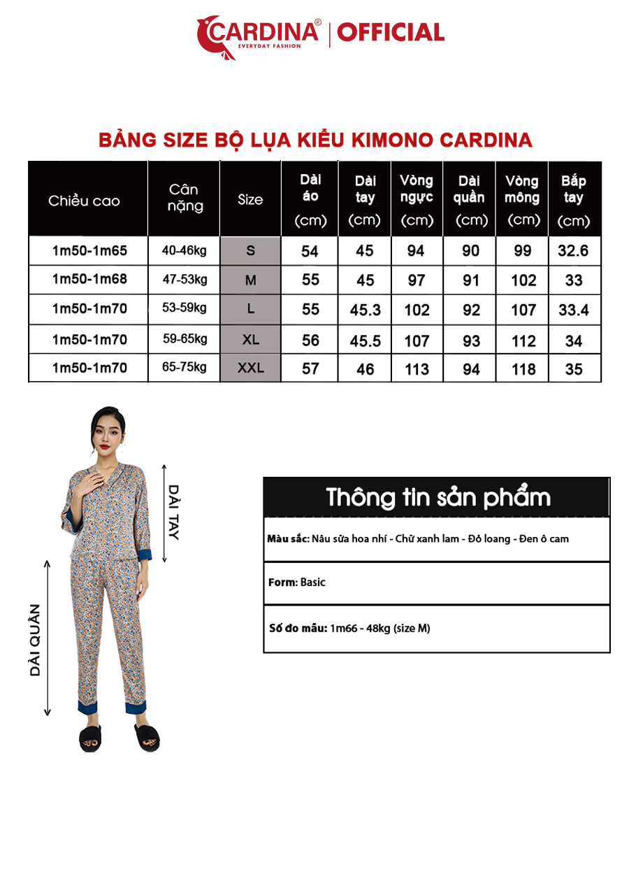 Đồ Bộ Nữ CARDINA Chất Lụa Satin Kiểu Dáng Kimono Nhật Cao Cấp Tay Vừa Quần Dài Họa Tiết 2SF16