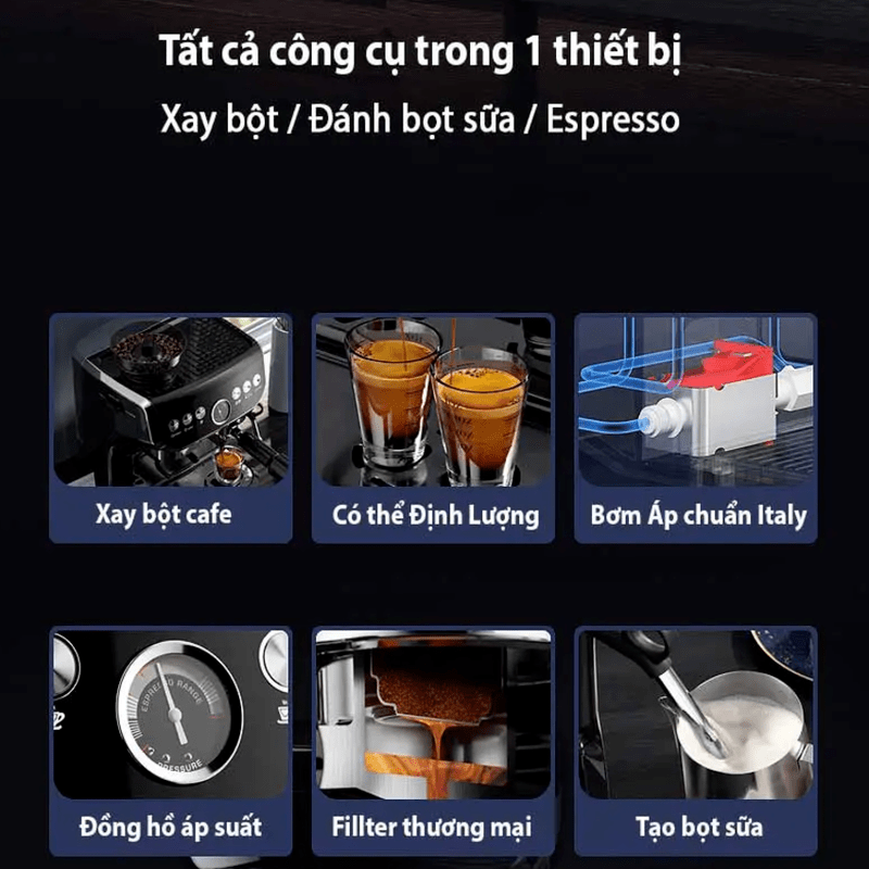 Máy pha cà phê Espresso chuyên nghiệp 4 trong 1 Tanser EM3108 Công suất pha cà phê 40 - 50 tách/ngày