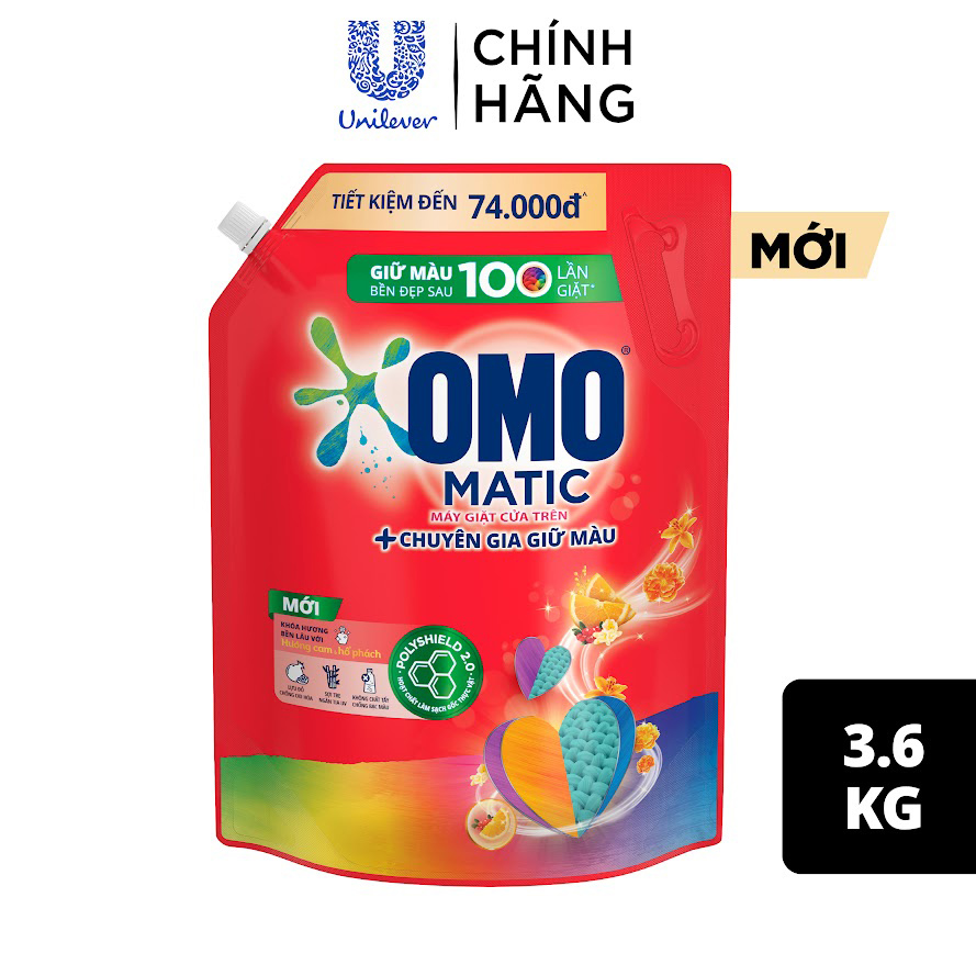 Túi Nước giặt OMO Matic Hương Cam &amp; Hổ phách Chuyên gia giữ màu Cho máy giặt cửa trên 3.6kg