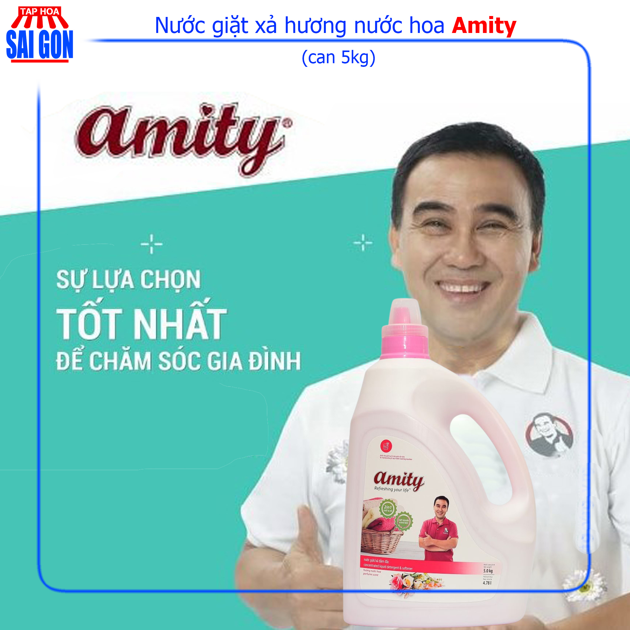 Nước Giặt Xả Amity hương nước hoa (màu hồng) can 5kg phù hợp với mọi chất liệu vải và mang lại cảm giác an toàn cho mọi gia đình