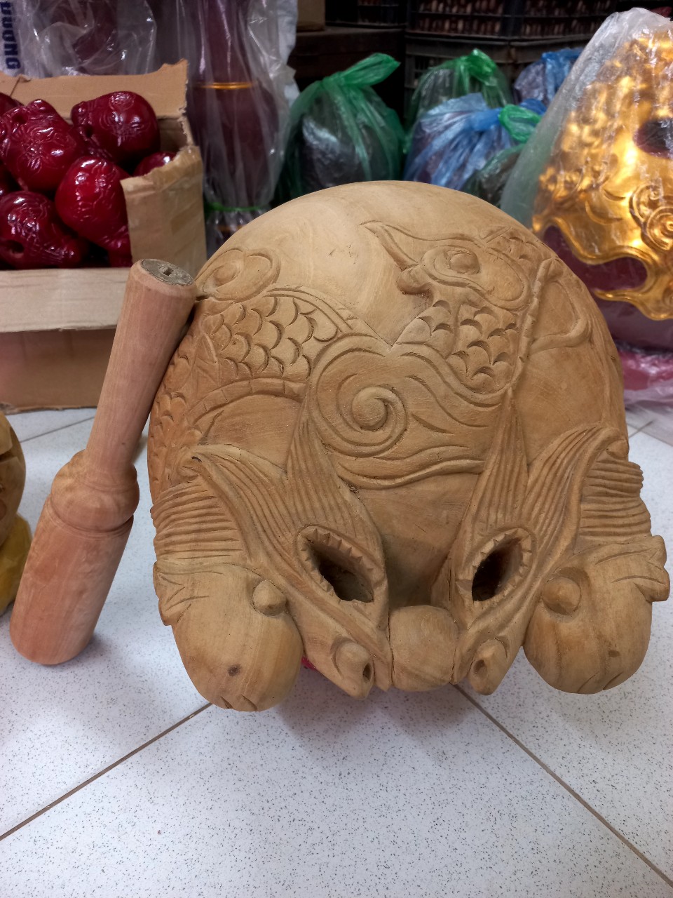 Mõ tụng kinh phật bằng gỗ mít để mộc gỗ lục lõi không dác kt 14cm