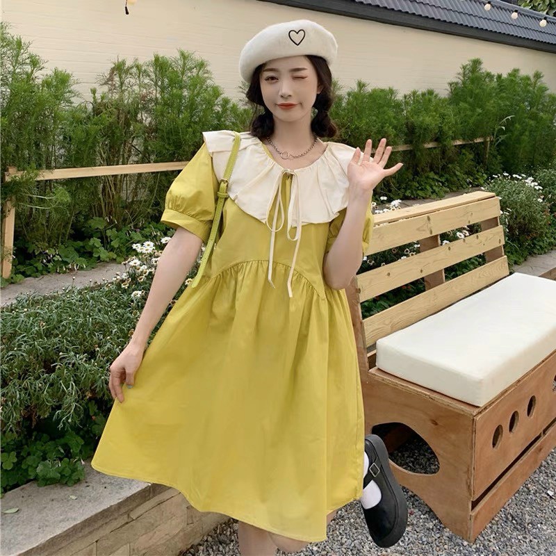 Váy babydoll phối cổ trắng, đầm bầu dáng dài, Đầm xòe ulzzang cổ bèo tiểu thư