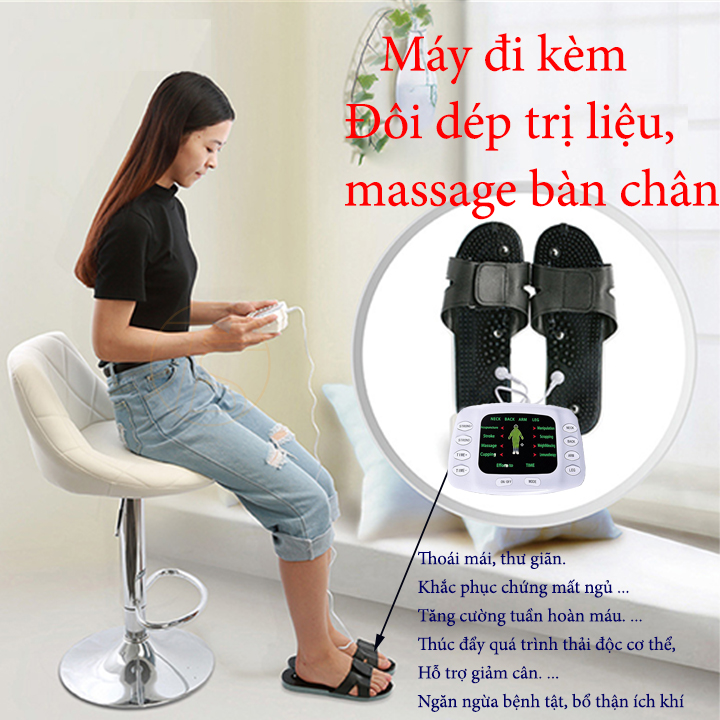 Máy massage xung điện ngõ ra kép với 6 miếng dán kèm đôi dép mát xa Nk-105