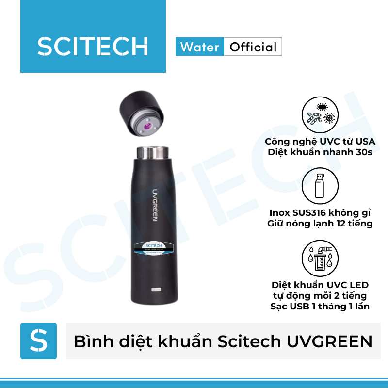 Bình nước giữ nhiệt diệt khuẩn Scitech UVGREEN 500ML - Hàng chính hãng