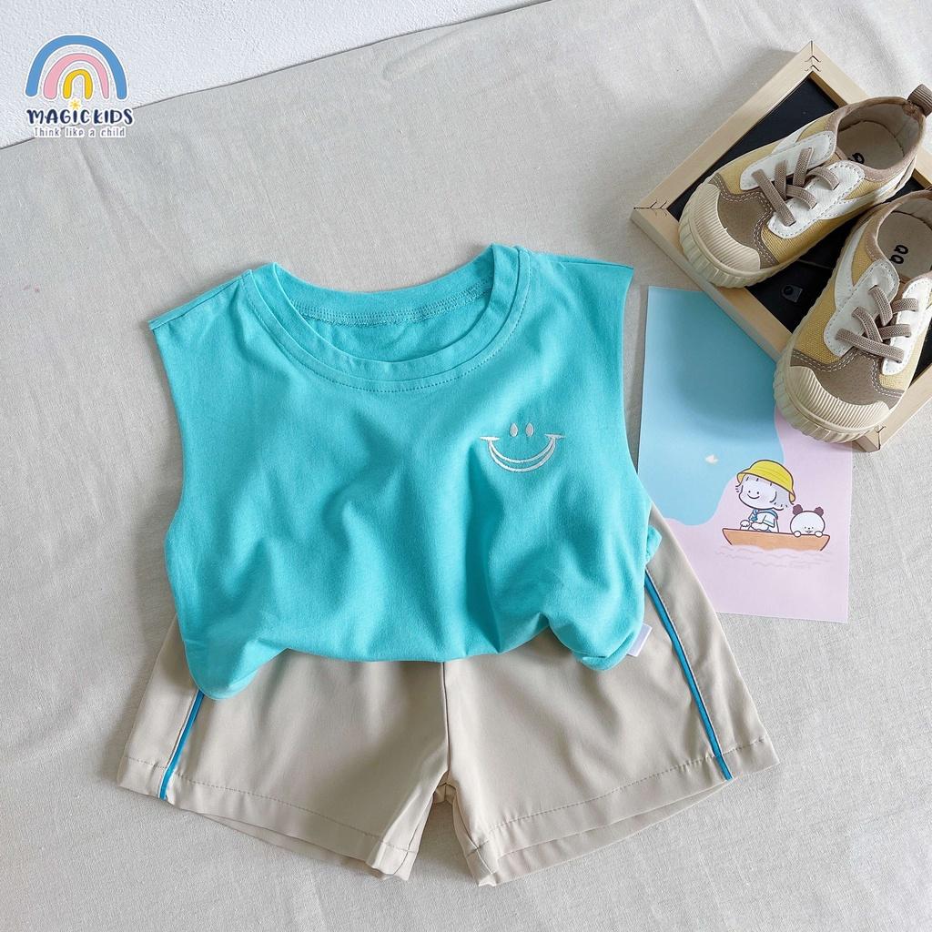 Đồ bộ mặc nhà cho bé trai thoáng mát áo ba lỗ cotton thêu hình mặt cười quần kaki Magickids Quần áo trẻ em AO22005