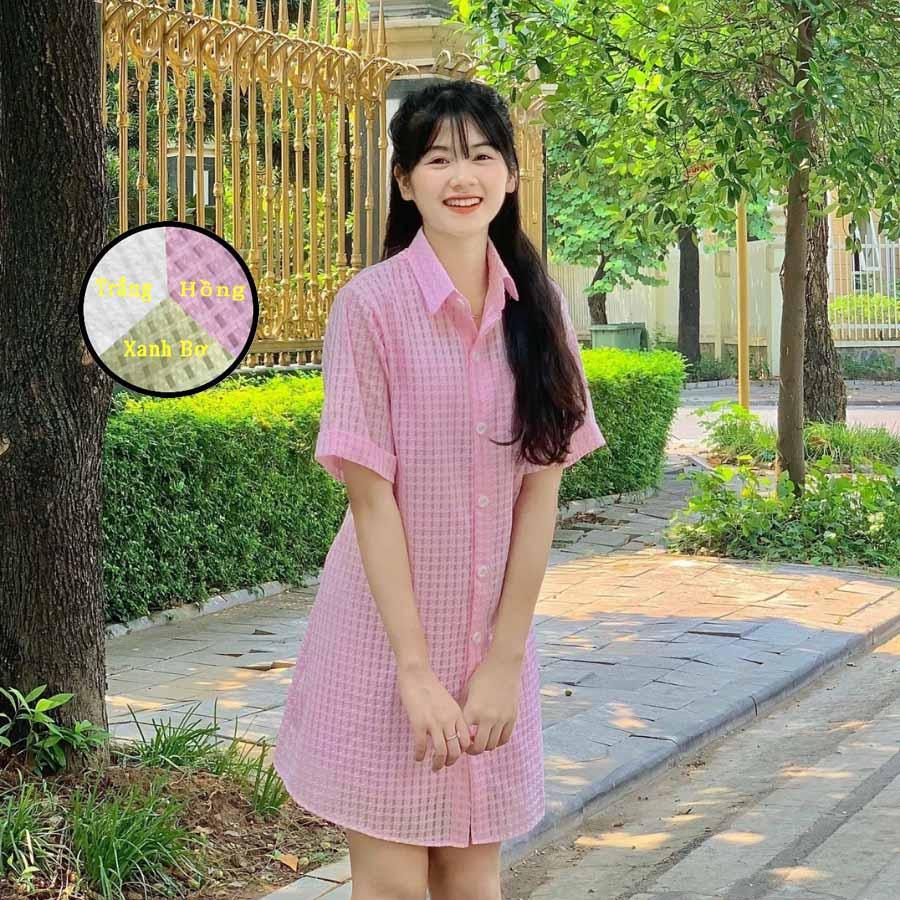 Váy sơ mi kẻ xốp dáng ngắn tay lỡ form rộng kèm lót váy 2 dây, Đầm sơmi dáng suông tay ngắn họa tiết đan thừng Ulzzang