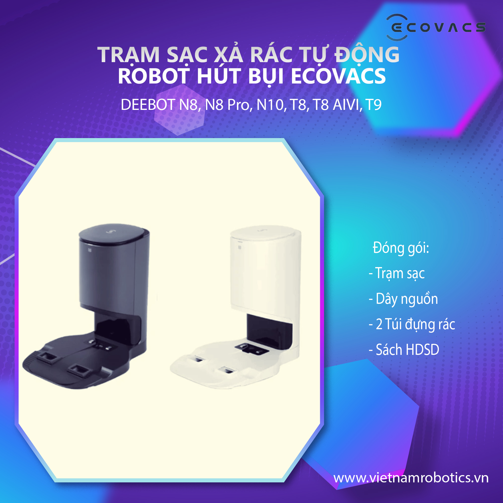 Dock sạc hút rác tự động cho robot hút bụi lau nhà Ecovacs Deebot N8, N8 Pro, N10, T8, T8 AIVI, T9 - Phiên bản quốc tế - Bảo hành 24 tháng