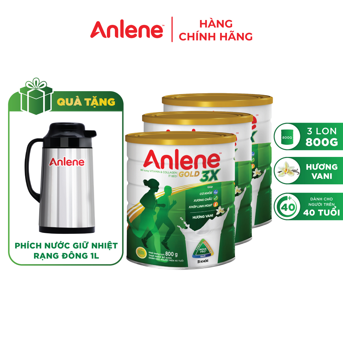 Combo 03 Sữa Bột Anlene Gold 3X Hương Vanilla (Hộp thiếc 800g) - Tặng quánh inox