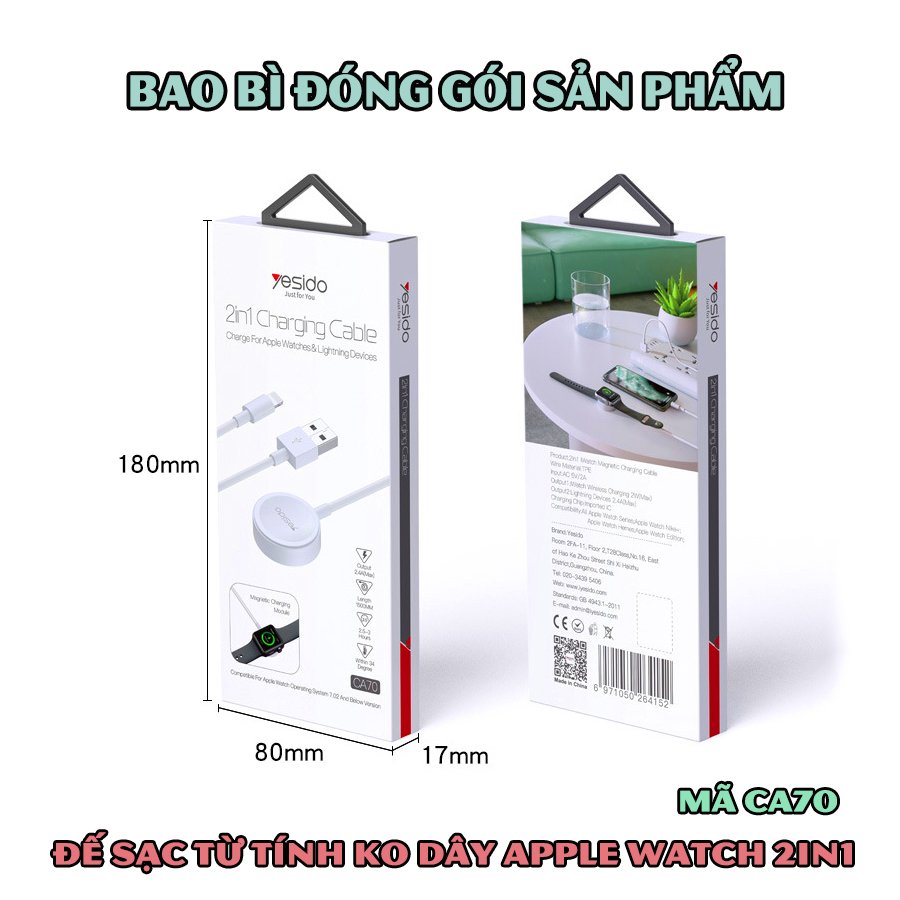 Đế sạc không dây dành cho đồng hồ thông minh - Dây cáp sạc nam châm dài 1.5 mét 2in1 chính hãng thương hiệu Yesido dành cho Apple Watch 1/2/3/4/5/6/Se_CA70