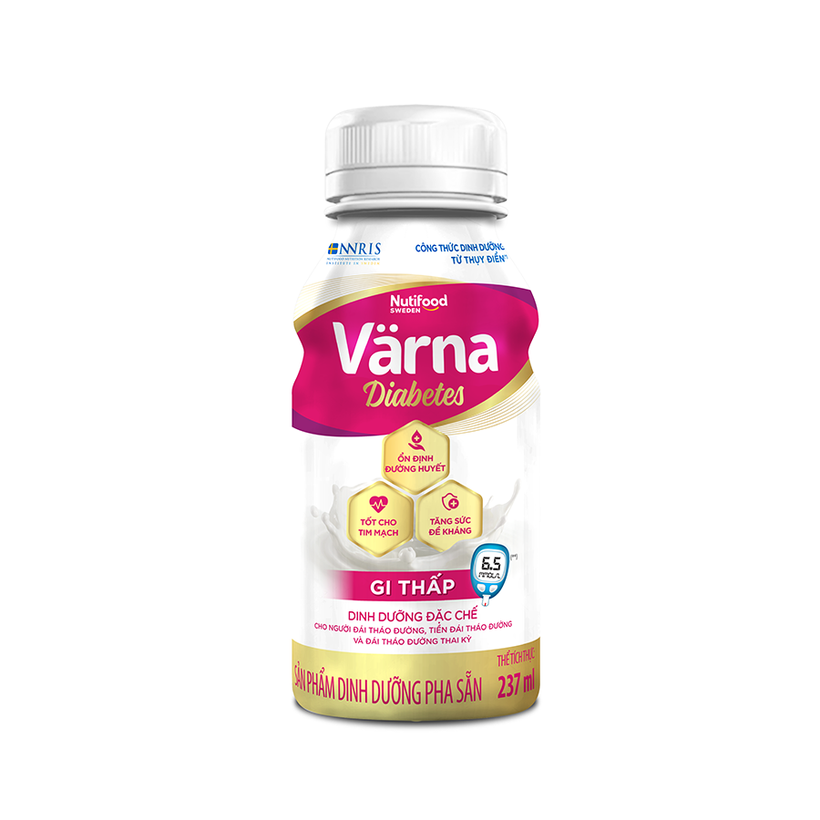 Thùng sữa bột pha sẵn Värna Diabetes - Ổn định đường huyết (GI = 26,9) (24 chai x 237ml) - Varna