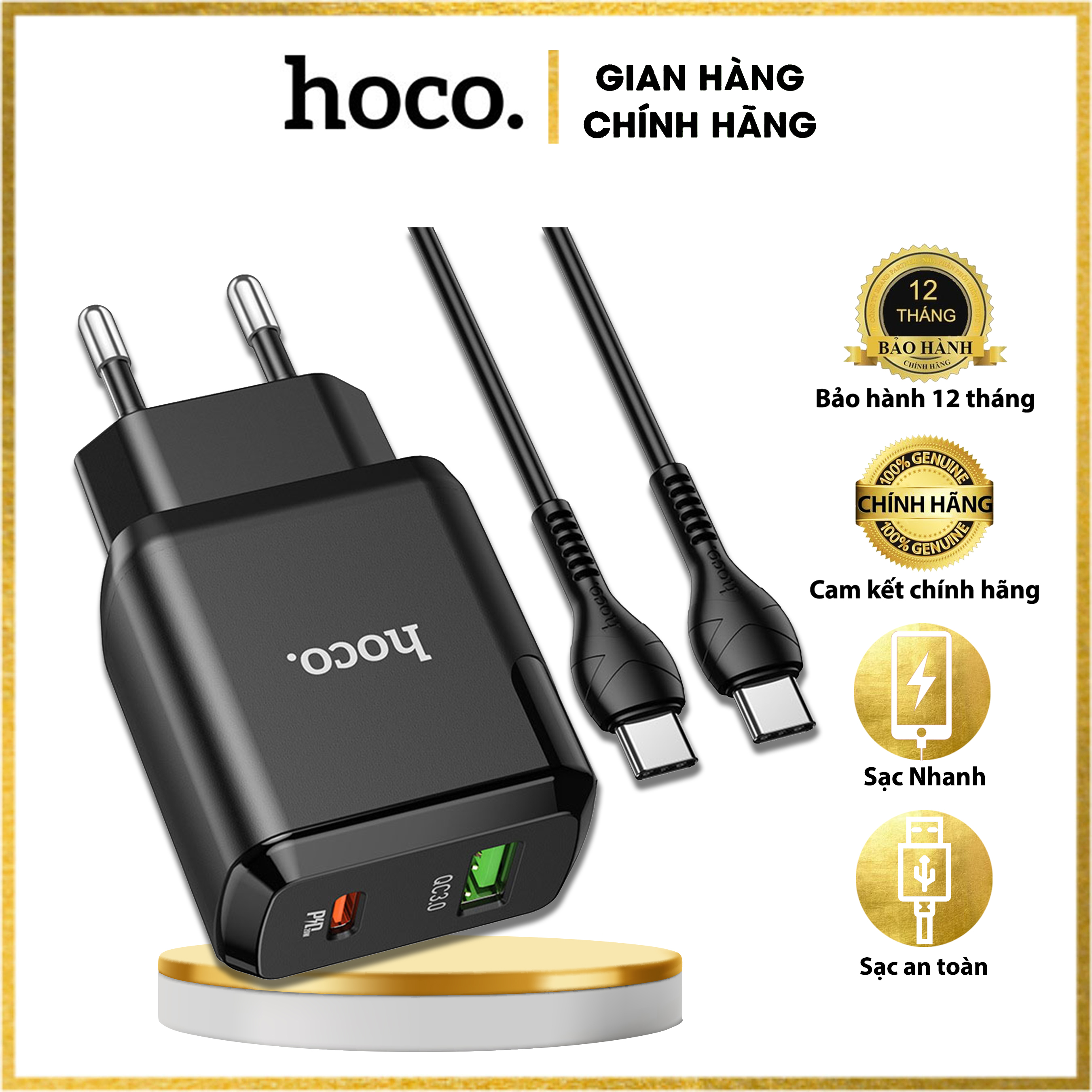 Củ sạc nhanh Hoco N5 cho android,iphone - chất liệu PC chống cháy - Phích cắm EU - Hàng chính hãng