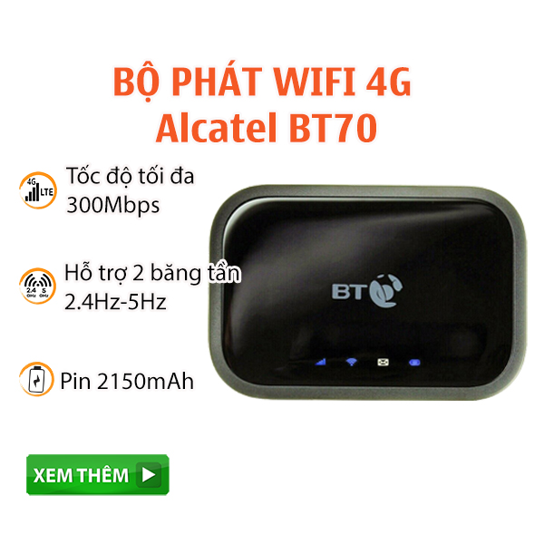 Bộ Phát Wifi Di Động 3G 4G Alcatel BT70 Mini Hub Tốc Độ 4G 300Mbps, Pin 2150mAh, Hỗ Trợ 2 Băng Tần- Hỗ Trợ 20 User , Hàng chính hãng