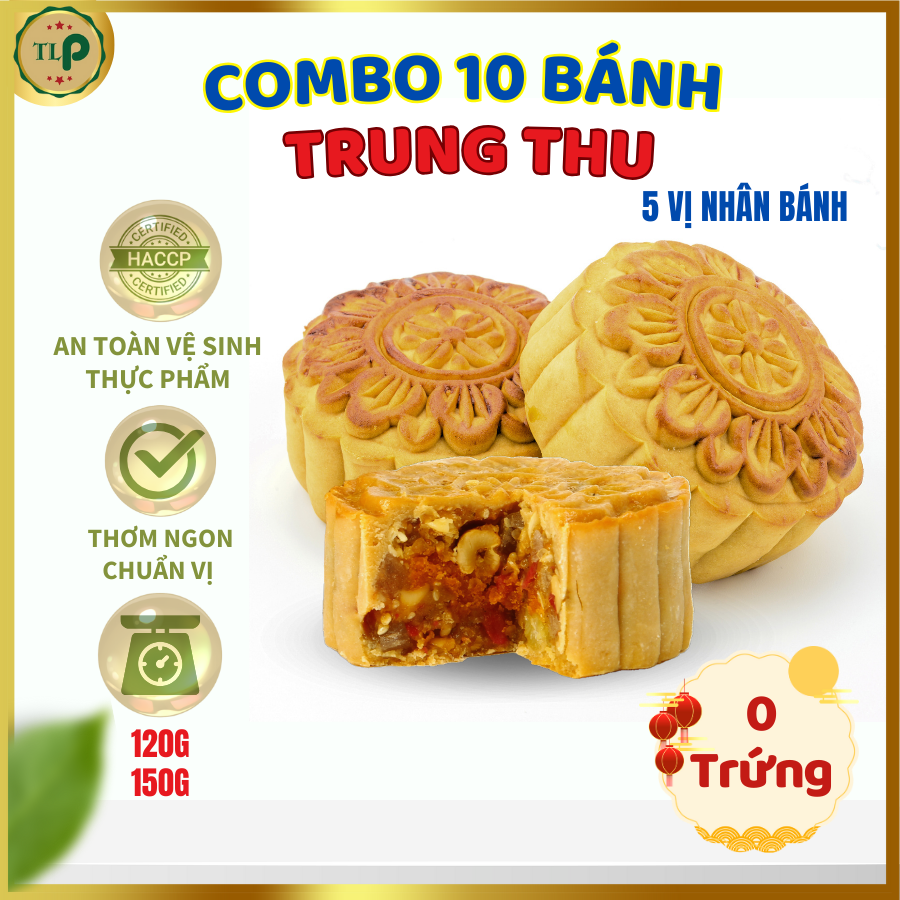 Combo 10 Bánh Trung Thu TLP Loại 120g/150g | Nhiều Vị Nhân Bánh (Thập Cẩm, Đậu Xanh, Khoai Môn, Dừa, Trà Xanh)
