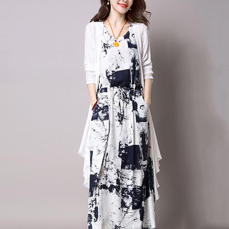 2pcsset Women Long Ink Printing Summer Dress National Style Sundress  Cardigan - Blue Size 5XL