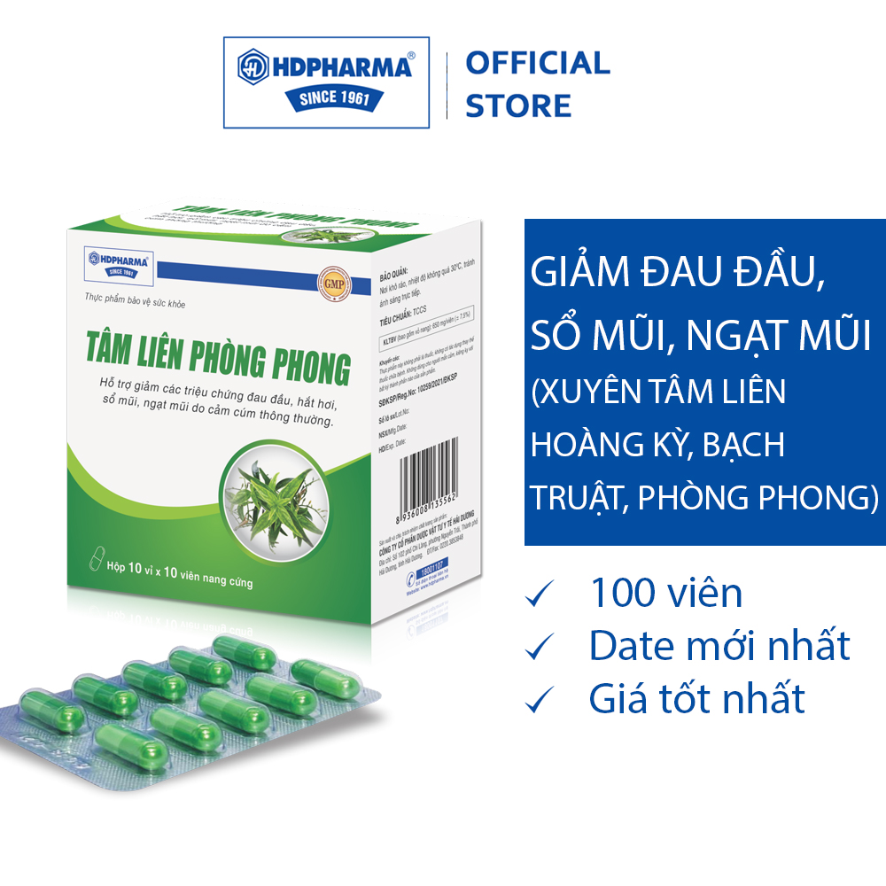 Tâm Liên Phòng Phong - HDPHARMA - Thành Phần Xuyên Tâm Liên Giúp Giảm Đau Đầu, Hắt Hơi, Sổ Mũi, Ngạt Mũi (Hộp 100 viên)