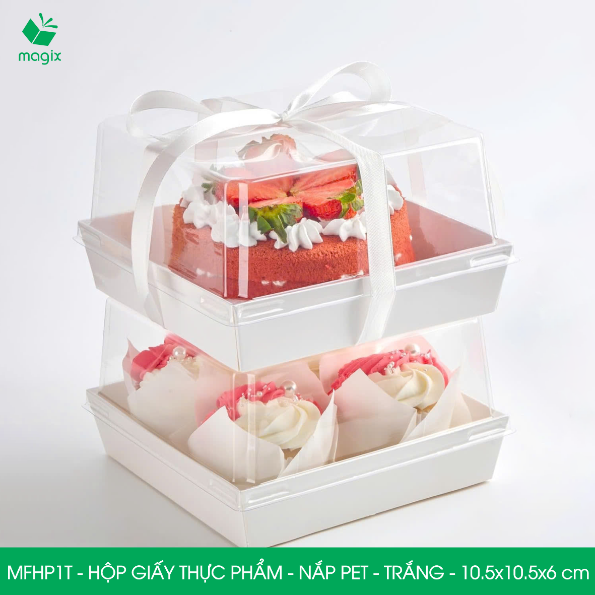 MFHP1T - 10.5x10.5x6 cm - 25 hộp giấy thực phẩm màu trắng nắp Pet, hộp giấy vuông đựng thức ăn, hộp bánh nắp trong