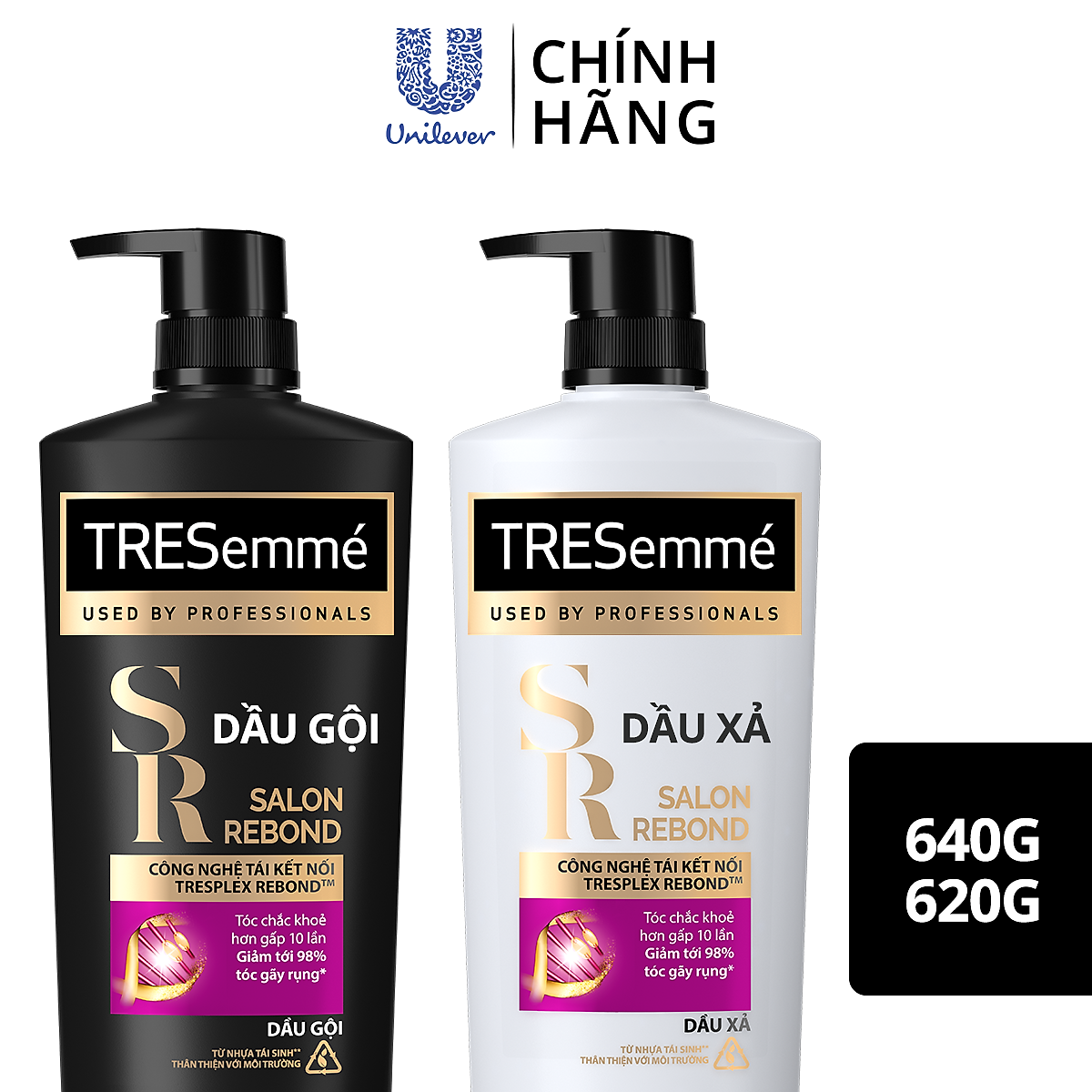 Combo Dầu Gội, Dầu Xả TRESEMME Salon Rebond Cho tóc hư tổn do tạo kiểu Công Nghệ Tái Kết Nối Giúp ngăn gãy rụng tóc 640g, 620g