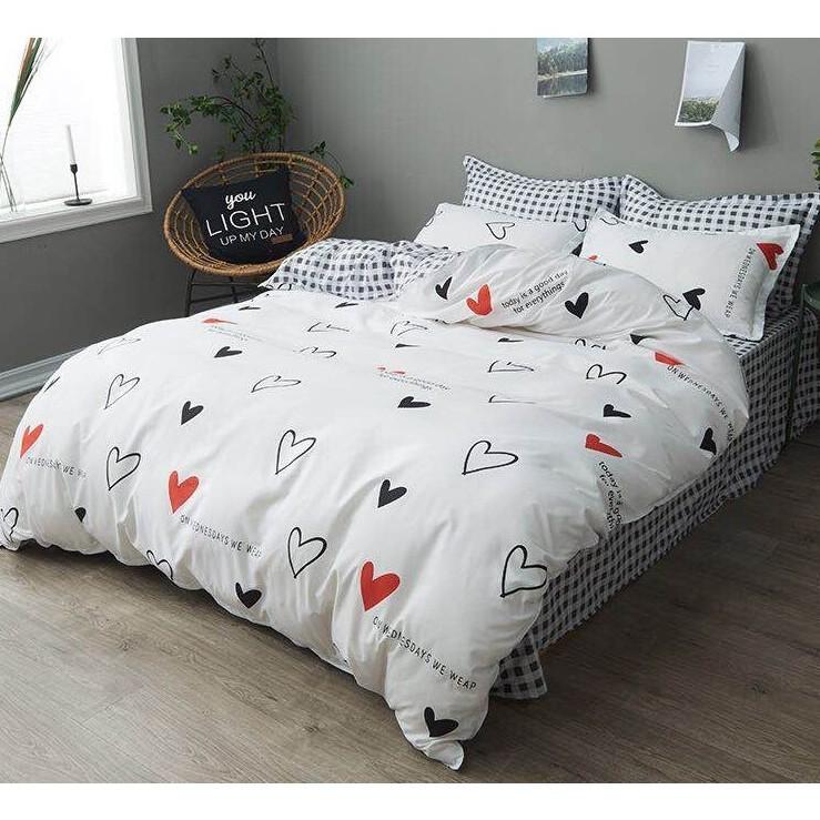 Bộ Chăn Ga Gối Cotton Poly Tim Trắng
