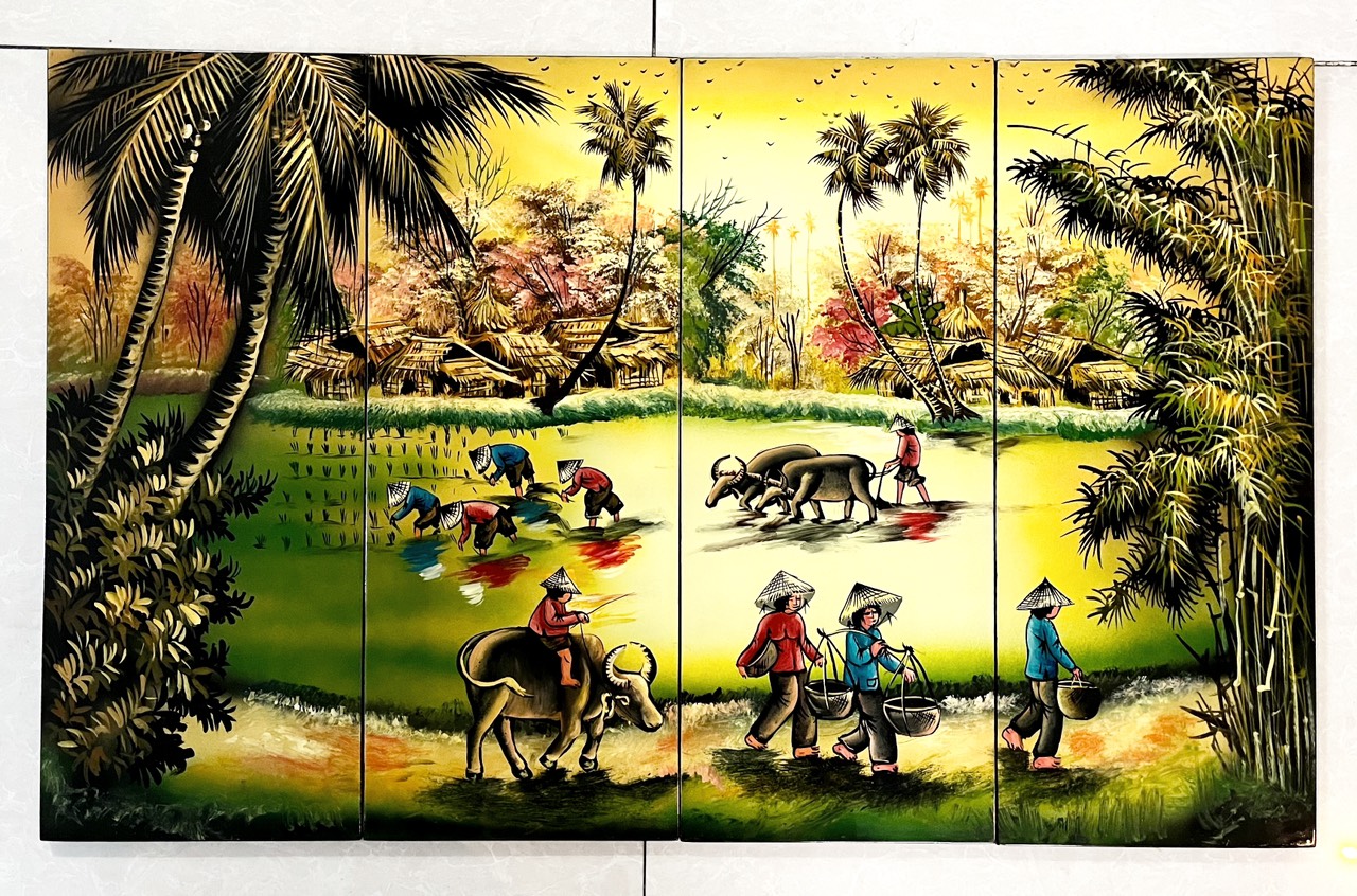 Bộ Tranh sơn mài 4 tấm - ĐỒNG QUÊ / PHỐ CỔ VIỆT NAM - Size 50x80 cm / 60x120 cm