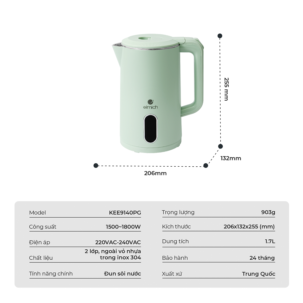 Ấm Đun Siêu Tốc Elmich KEE9140 1.7L 1800W, Hàng Chính Hãng, 2 Lớp, Sôi Nhanh 45s - JoyMall